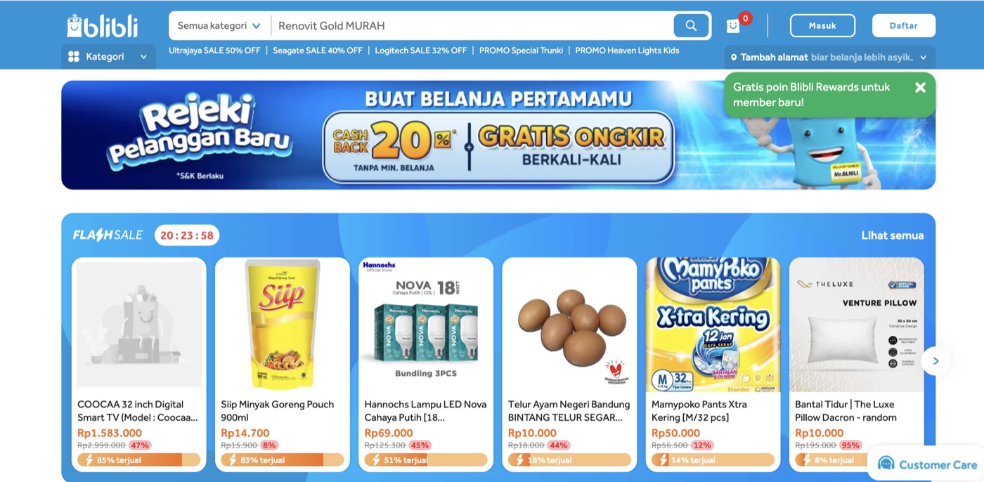 Blibli.com flash sale homepage: countdown timer, discounted product grid, live consumer storefront