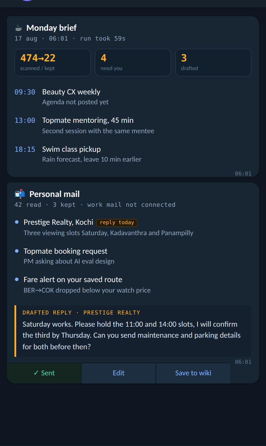 A Telegram thread with a bot called Hastings: a morning brief, then cards for personal mail, LinkedIn, a Berlin to Kochi fare and a news digest, each with drafted replies and inline buttons that turn green as they are tapped