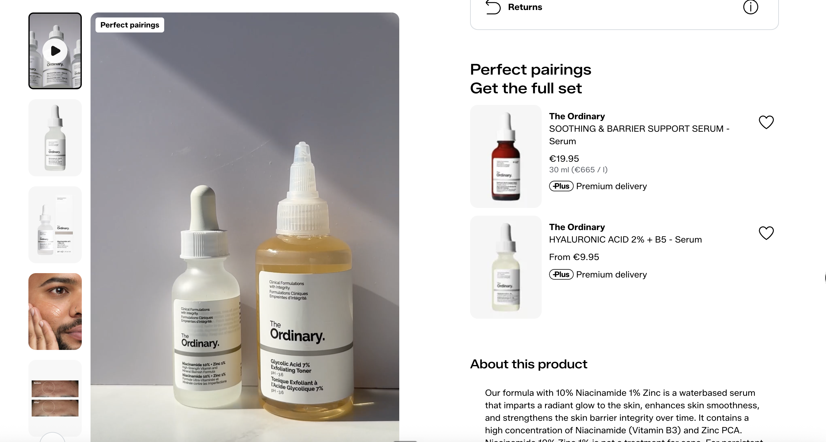 Zalando beauty product page with rich content and perfect pairings